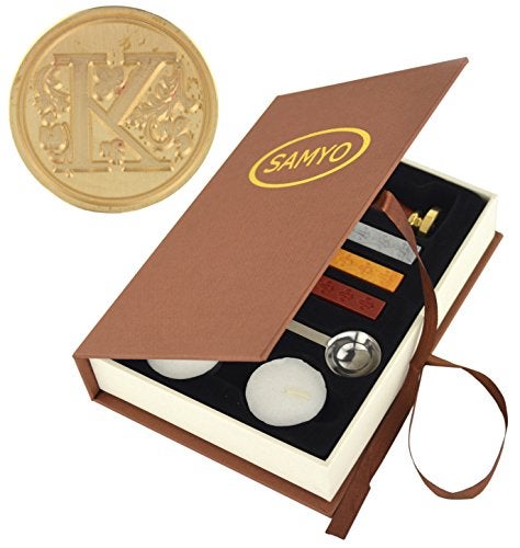 Samyo Wax Seal Stamp Kit Retro Creative Sealing Wax Stamp Maker Gift Box Set Brass Color Head with Vintage Classic Alphabet Initial Letter (K) - Image 1