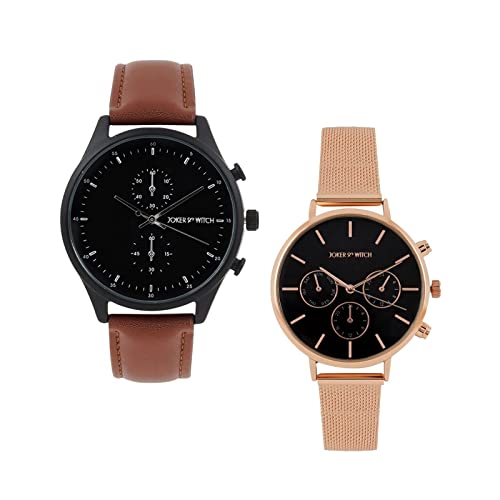 Joker & Witch Leather Daphne & Simon Couple Analogue Watches, Black Dial, Brown Band - Image 1