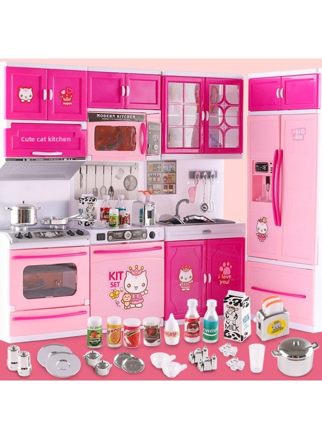 Children Play House Toy With Sound And Light Princess Simulation Mini Kitchen Suit Children Kitchenware Girl Simulation Cooking-Color:Four-group Kitten Kitchen - Image 3