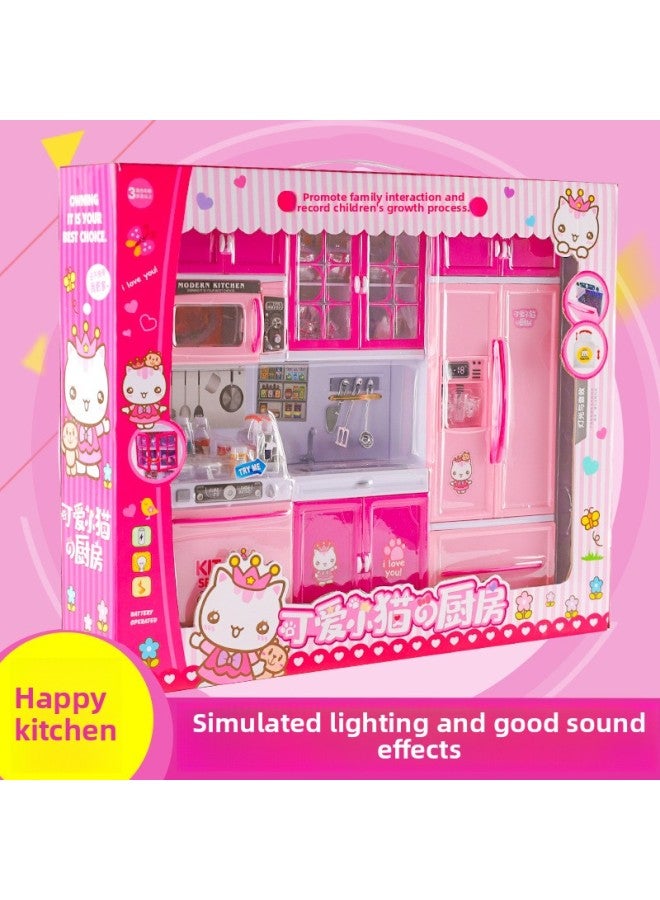 Children Play House Toy With Sound And Light Princess Simulation Mini Kitchen Suit Children Kitchenware Girl Simulation Cooking-Color:Four-group Kitten Kitchen - Image 2