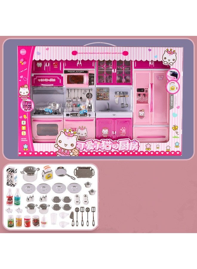 Children Play House Toy With Sound And Light Princess Simulation Mini Kitchen Suit Children Kitchenware Girl Simulation Cooking-Color:Four-group Kitten Kitchen - Image 1