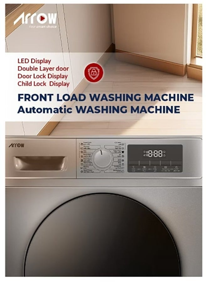 Arrow - 8KG Front loading Automatic Washing Machine, 1200rpm Max. Spin Speed, 16 Programs, Dark Silver Color, Auto Balance System, Child Lock, Fault Check, LED Display, Universal Motor | RO-09FWTS - Image 1