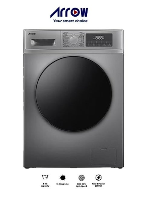 8KG Front loading Automatic Washing Machine, 1200rpm Max. Spin Speed, 16 Programs, Dark Silver Color, Auto Balance System, Child Lock, Fault Check, LED Display, Universal Motor | RO-09FWTS