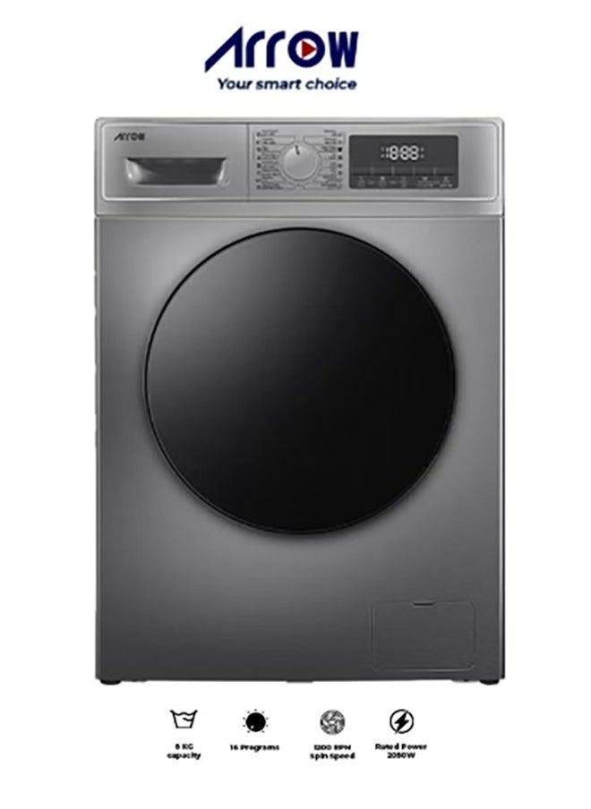 Arrow - 8KG Front loading Automatic Washing Machine, 1200rpm Max. Spin Speed, 16 Programs, Dark Silver Color, Auto Balance System, Child Lock, Fault Check, LED Display, Universal Motor | RO-09FWTS - Image 1