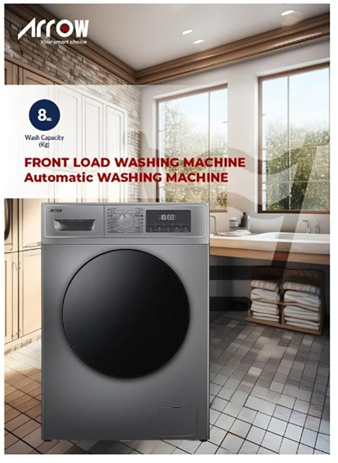 Arrow - 8KG Front loading Automatic Washing Machine, 1200rpm Max. Spin Speed, 16 Programs, Dark Silver Color, Auto Balance System, Child Lock, Fault Check, LED Display, Universal Motor | RO-09FWTS - Image 1