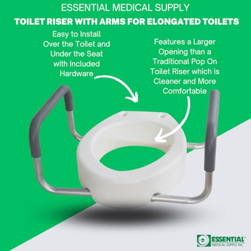Essential Medical Supply Raised Elevated Toilet Seat Riser for an Elongated Toilet with Padded Aluminum Arms for Support and Compatible with Existing Seat, Elongated, 19 x 14 x 3.5 - Image 3