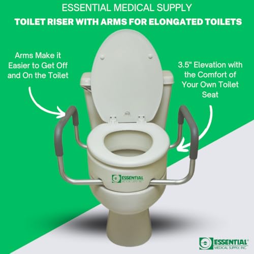 Essential Medical Supply Raised Elevated Toilet Seat Riser for an Elongated Toilet with Padded Aluminum Arms for Support and Compatible with Existing Seat, Elongated, 19 x 14 x 3.5 - Image 2