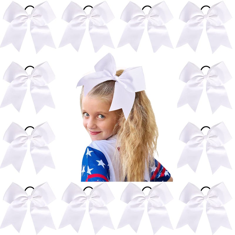 12 Pcs Large Cheer Bows 8 Bulk Hair Bow Accessories with Ponytail Holder for Girls High School College Cheerleading