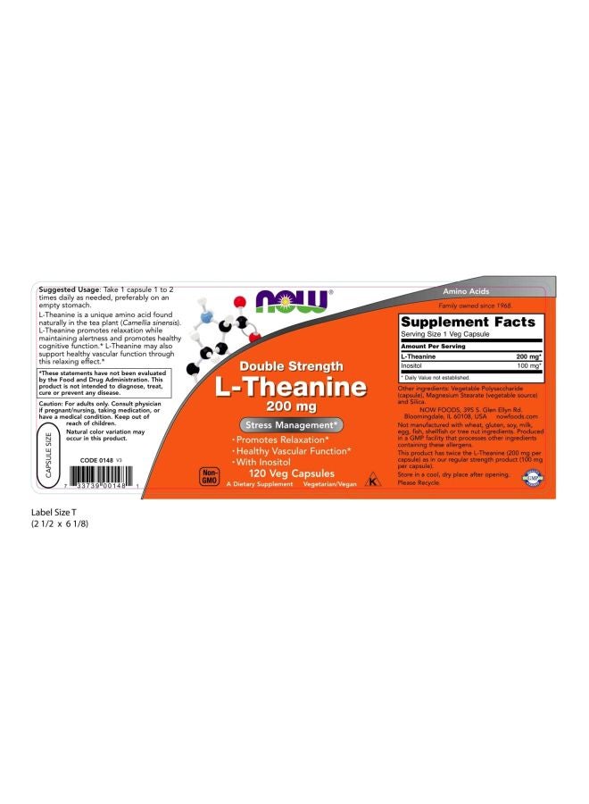 Now Foods L-Theanine Double Strength 200 mg Stress Management - 120 Veg Capsules - Image 2