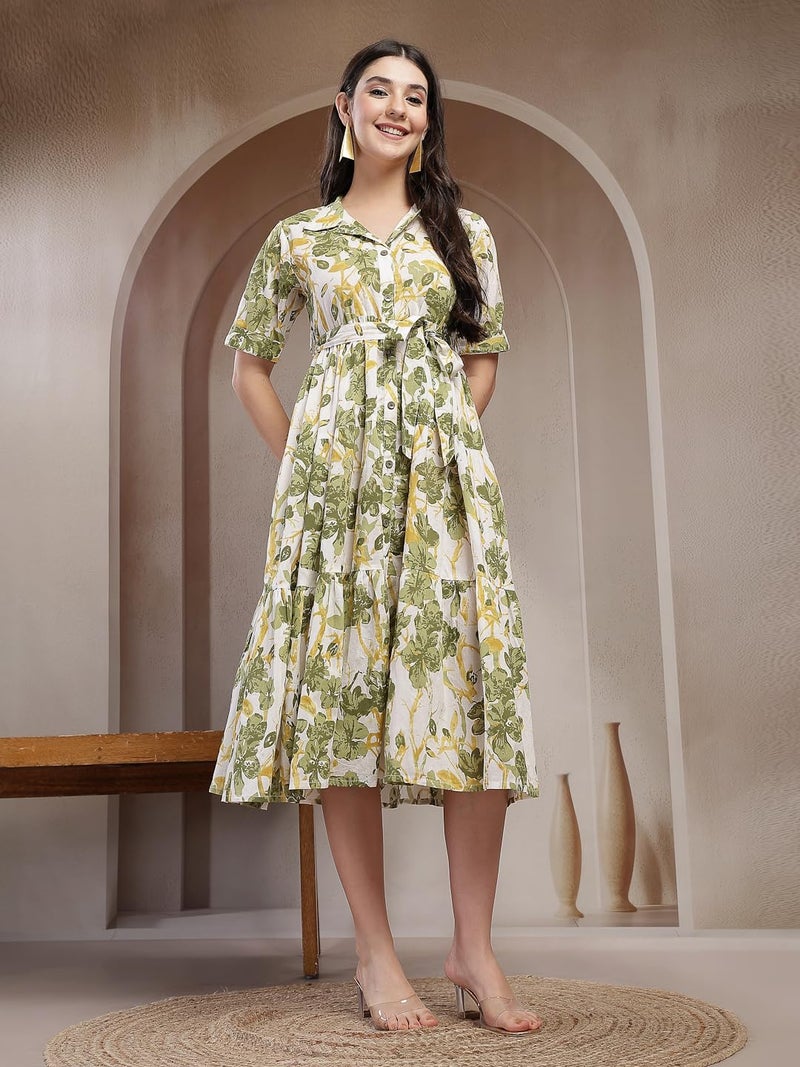 Stylum Women's Green Floral Printed Cotton Flared Dress - Image 3