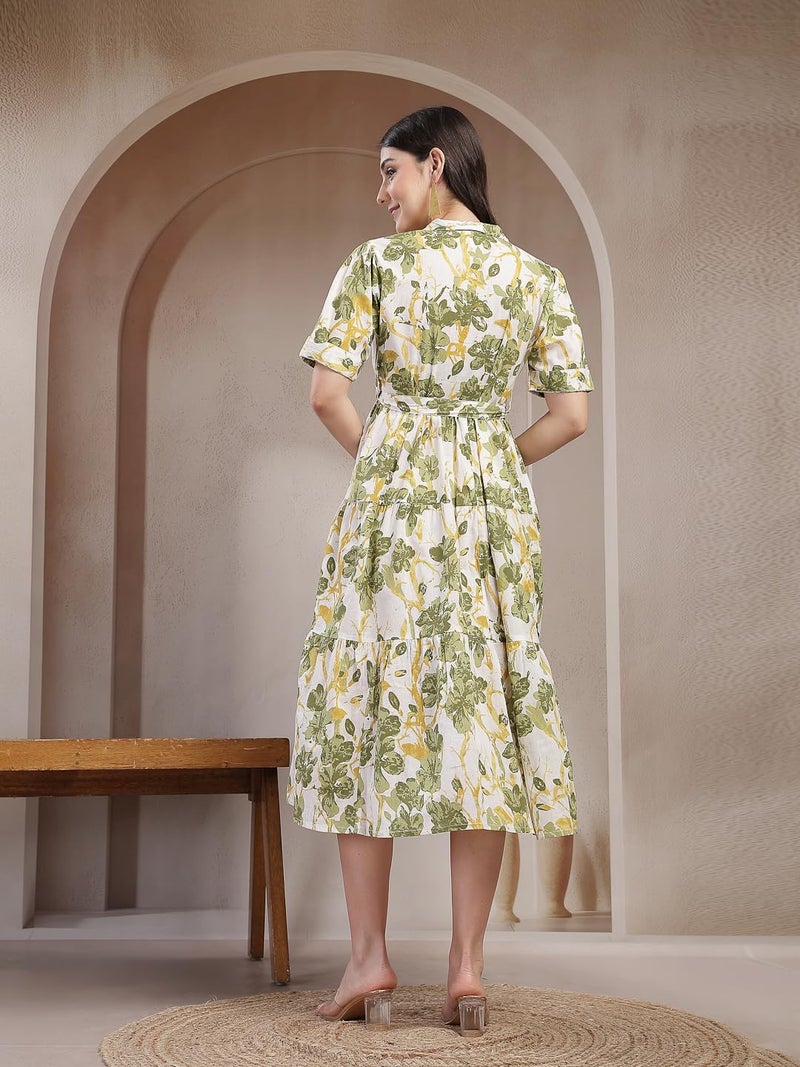 Stylum Women's Green Floral Printed Cotton Flared Dress - Image 2
