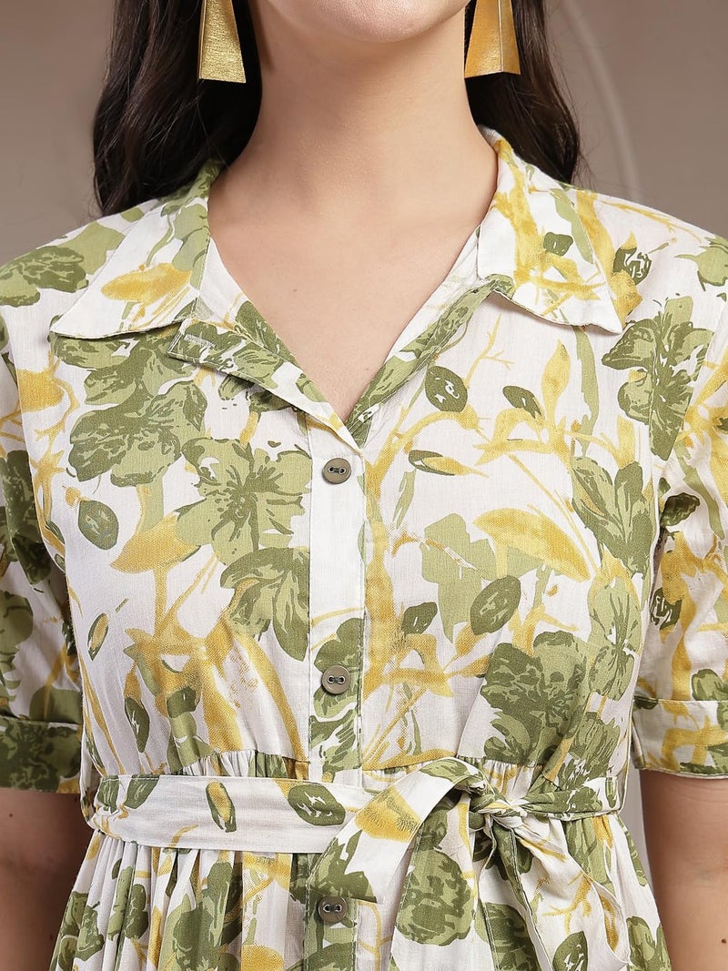 Stylum Women's Green Floral Printed Cotton Flared Dress - Image 4