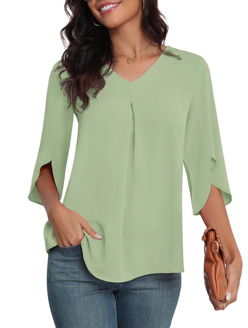LAOLASI 2025 Blouses for Women Autumn 3/4 Sleeve V Neck Casual Dressy Blouse Work Cute Ladies Tops Shirts,MCA Green,L - Image 3