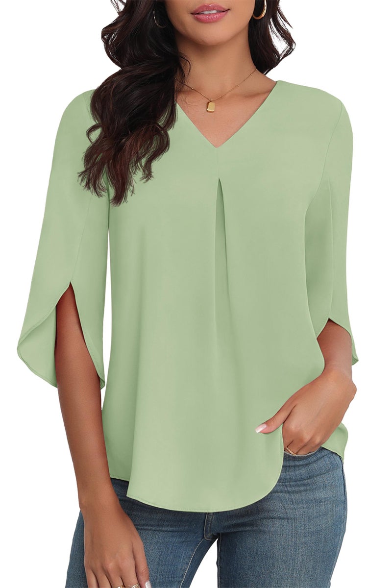 LAOLASI 2025 Blouses for Women Autumn 3/4 Sleeve V Neck Casual Dressy Blouse Work Cute Ladies Tops Shirts,MCA Green,L - Image 1
