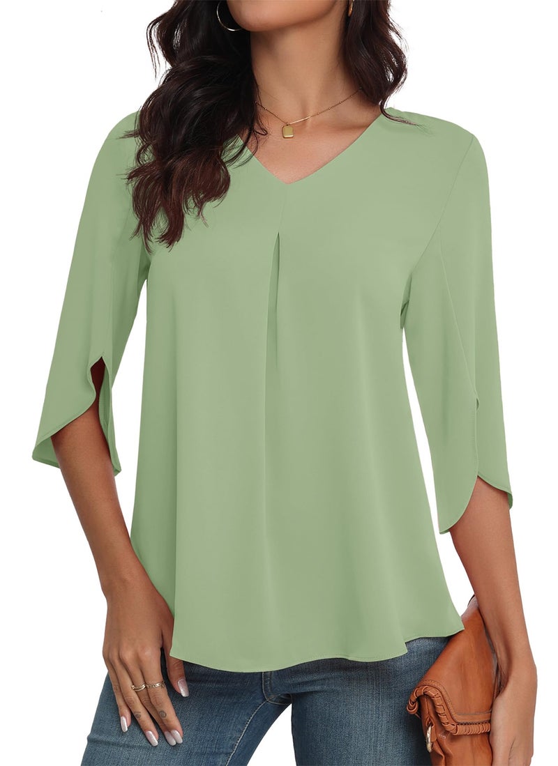 LAOLASI 2025 Blouses for Women Autumn 3/4 Sleeve V Neck Casual Dressy Blouse Work Cute Ladies Tops Shirts,MCA Green,L - Image 4