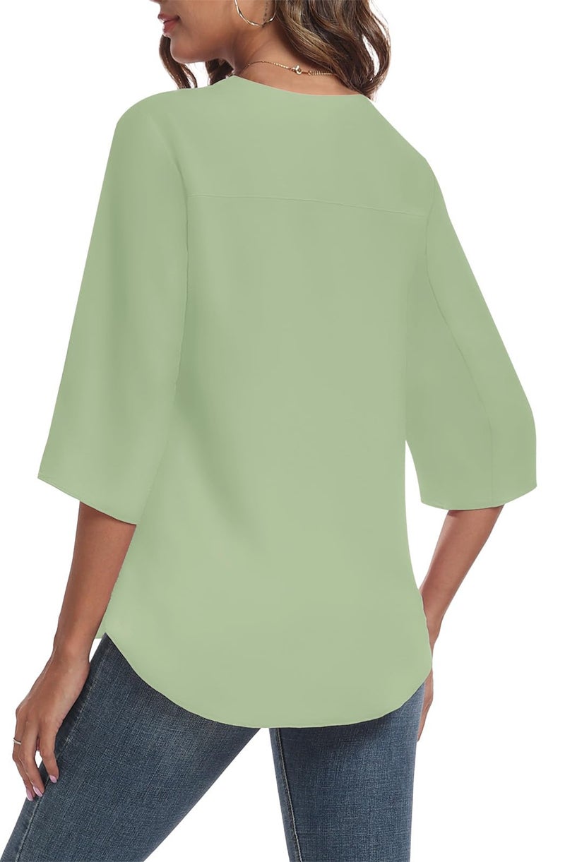 LAOLASI 2025 Blouses for Women Autumn 3/4 Sleeve V Neck Casual Dressy Blouse Work Cute Ladies Tops Shirts,MCA Green,L - Image 2