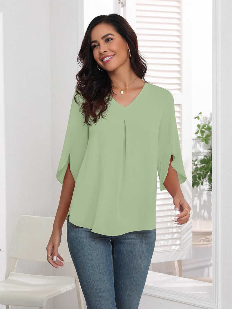 LAOLASI 2025 Blouses for Women Autumn 3/4 Sleeve V Neck Casual Dressy Blouse Work Cute Ladies Tops Shirts,MCA Green,L - Image 5