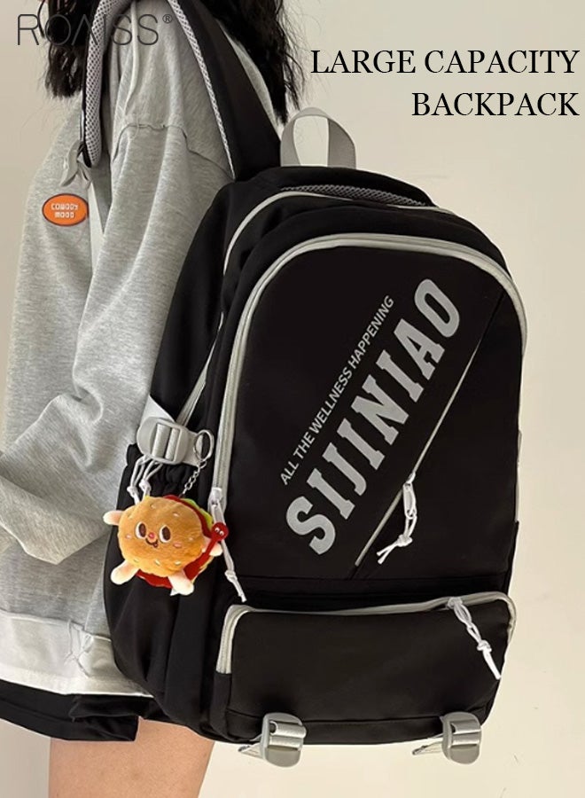 roaiss Large-Capacity Student Backpack Same Style For Men And Women Fashionable And Versatile Waterproof Oxford Cloth Adjustable Shoulder Strap School Bag (With Doll Pendant)  - Image 1
