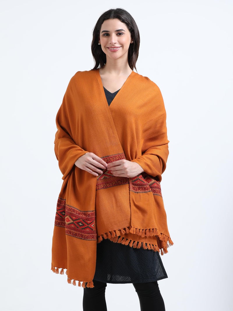 Arvore Bunkaar Handwoven Woolen Shawl for Women with Kullu Border (Golden Yellow, Medium) - Image 2
