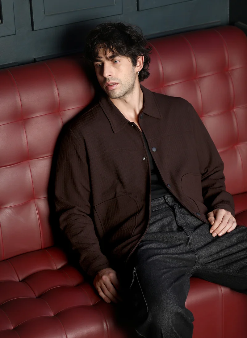 كامبوس سوترا Men Crease-Tactile Panelled Jacket | Point Collar, Long Button-Cuff Sleeves | Snap Button , Band-Straight Hem | Solid Textured | Woven Fabric For Casual & Daily Wear | Taupe Brown