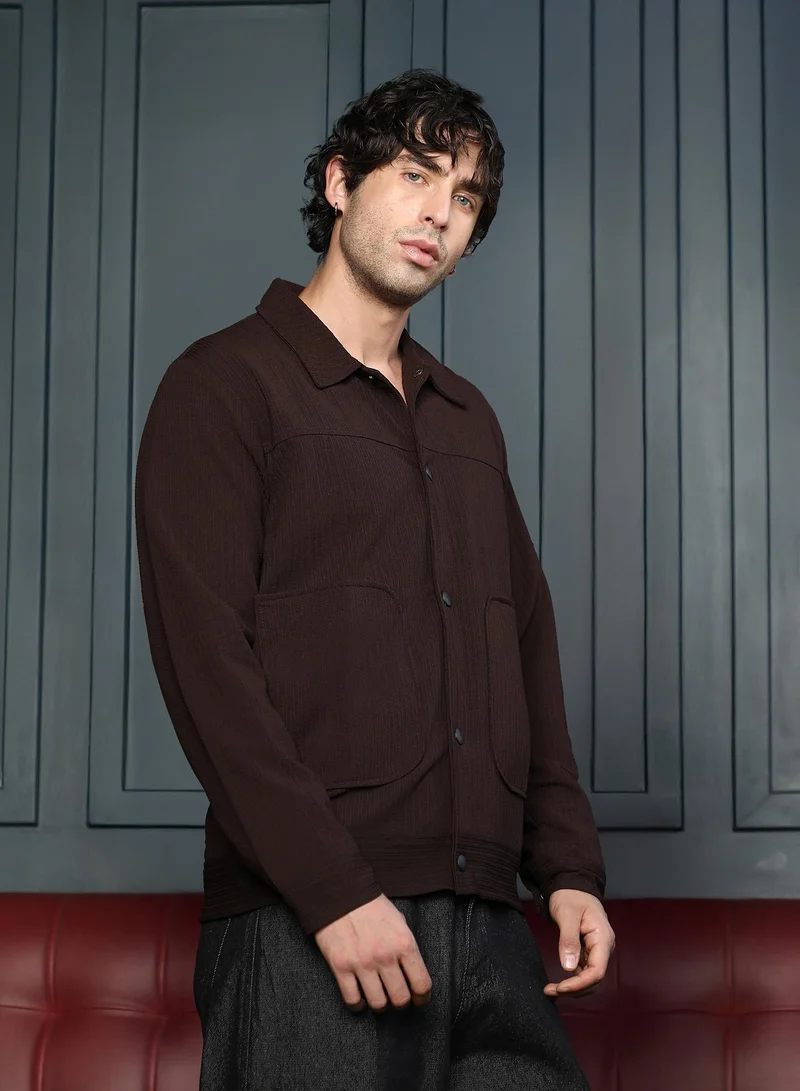 CAHOOT Brown Men's Taupe Brown Crease-Tactile Panelled Jacket for Men | Best Price UAE