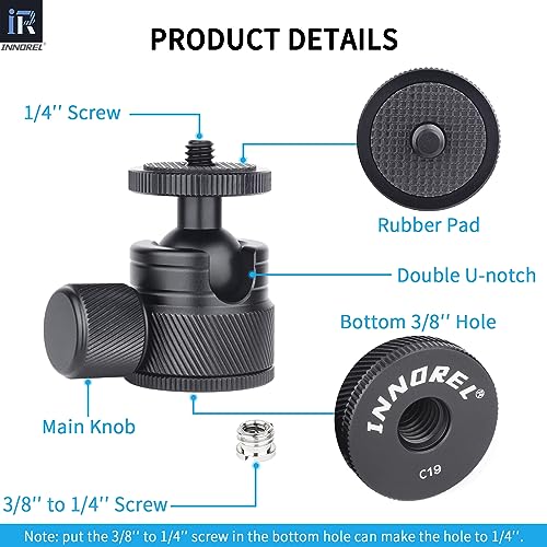 Innorel Mini Ball Head- C19 Mount Tripod Head-Cnc Metal Low Profile Ballhead 360° Pan 90° Tilt Tripods Mount With 3 8" To 1 4" Adapter Ballheads, Max Load 6.61 Lb 3Kg For Phone Dlsr Camera Mini - Image 5