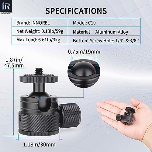 Innorel Mini Ball Head- C19 Mount Tripod Head-Cnc Metal Low Profile Ballhead 360° Pan 90° Tilt Tripods Mount With 3 8" To 1 4" Adapter Ballheads, Max Load 6.61 Lb 3Kg For Phone Dlsr Camera Mini - Image 2