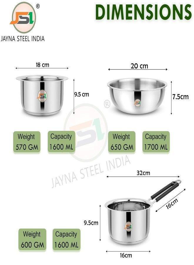 JSI Stainless Steel Cookware Set 3 Pcs - Tea Pan/Saucepan 1600ml, Triply Tasla 1500ml, Milk Tope/Patila/Bhagona 1600ml - Induction Bottom Cookware for Kitchen - TRIPLY Sandwich Base - Image 3