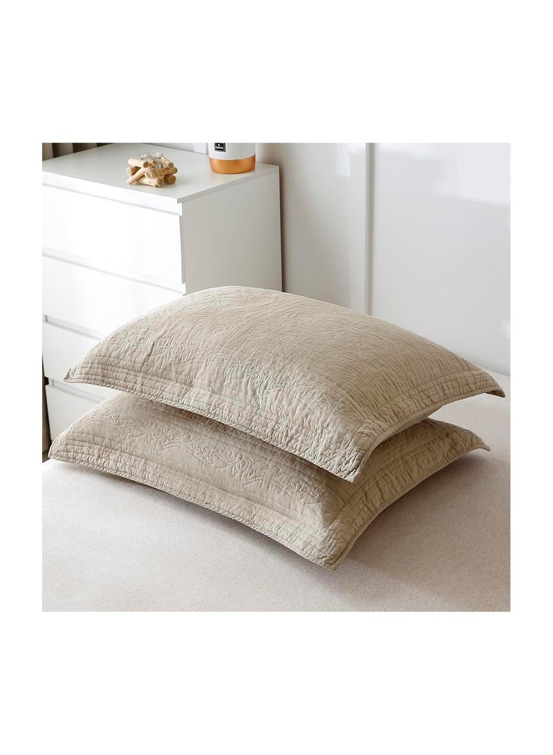 WINLIFE 100% Cotton Quilted Pillow Sham Floral Printed Pillow Cover Khaki/Taupe - Image 2