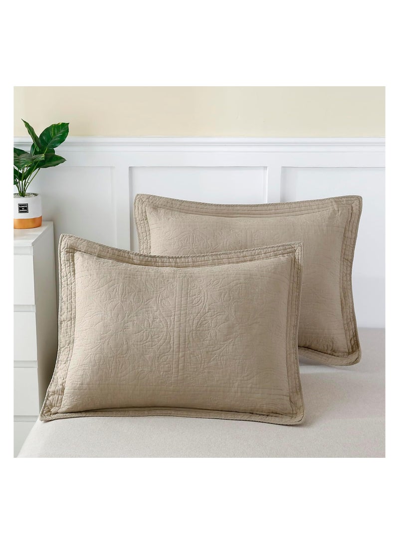 WINLIFE 100% Cotton Quilted Pillow Sham Floral Printed Pillow Cover Khaki/Taupe - Image 1