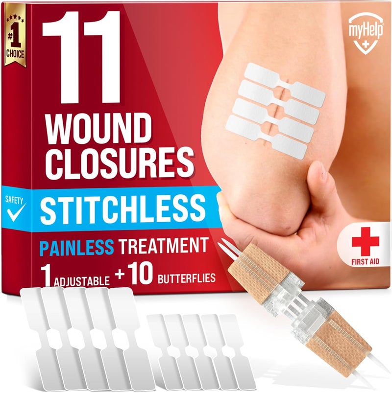 MYHELP Emergency Wound Closure Strips 11pk 2 Types Easy to Use Butterfly Bandages Stitchless Painless Laceration Closure Kit - Image 1