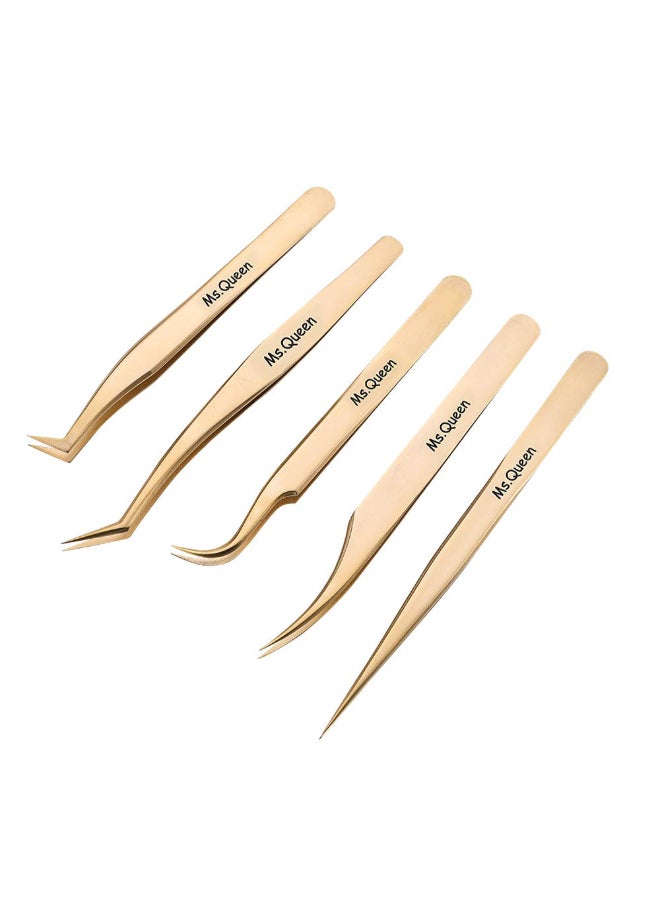 Ms.Queen MsQueen Eyelash Extension TweezersPrecision Tweezers for 2D6D VolumeIndividual False Lashes ExtensionsGolden5pcs Tweezers Set - Image 3