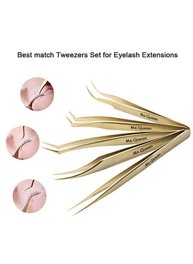Ms.Queen MsQueen Eyelash Extension TweezersPrecision Tweezers for 2D6D VolumeIndividual False Lashes ExtensionsGolden5pcs Tweezers Set - Image 4