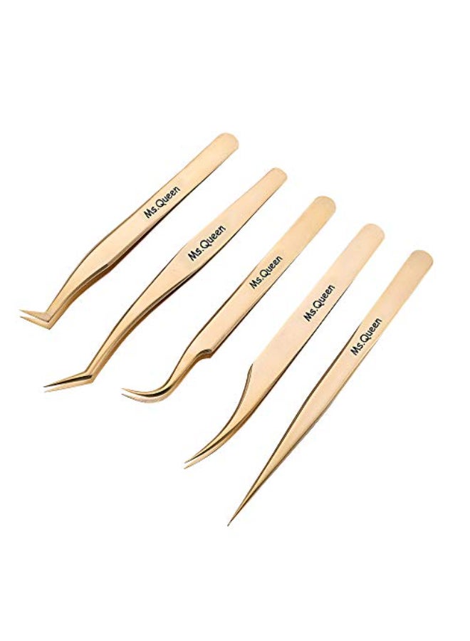 Ms.Queen MsQueen Eyelash Extension TweezersPrecision Tweezers for 2D6D VolumeIndividual False Lashes ExtensionsGolden5pcs Tweezers Set - Image 1