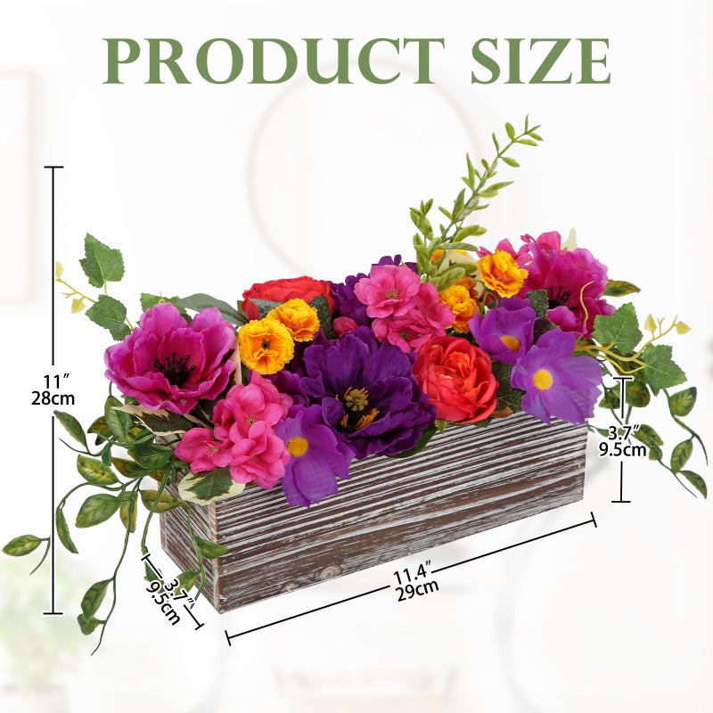 DILATATA Flower Arrangement with Wooden Vase 10" Artificial Flowers in Pot - Fake Flowers in White Rectangular Wooden Vase Potted Faux Flower Centerpieces for Table Decor Living Room - Purple - Image 2