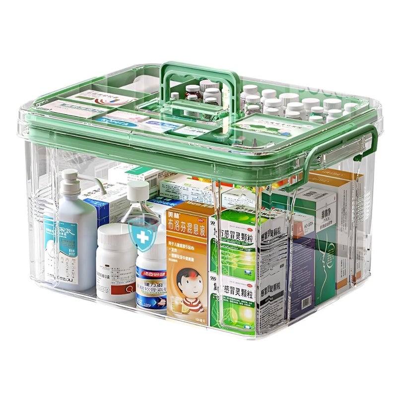 KREPS Clear Plastic Medicine Storage Box Organizer, Family Emergency Kit with Removable Pill Case Portable Lockable Container for Medicine, Art Craft and Cosmetic Household Organizer (Large, Green) - Image 1