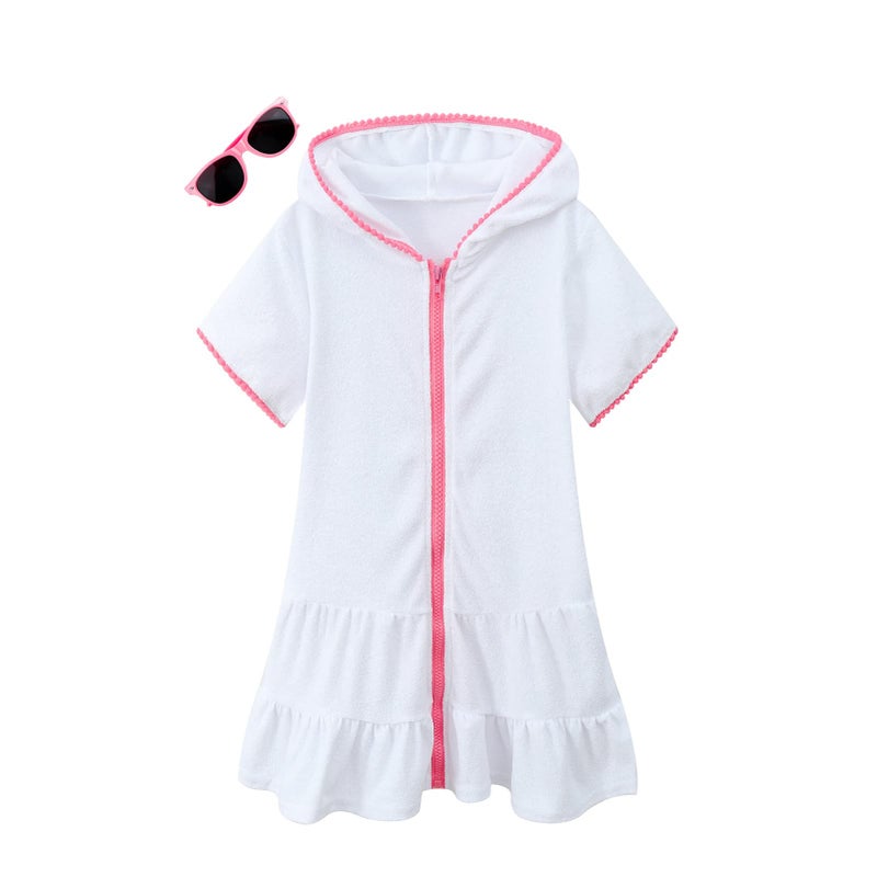 LUCKYGAL Girls Swim Cover Up Kids Swimsuit Coverup Terry Zip-Up Beach Bathing Suit Wraps, Size 6 7 White - Image 1
