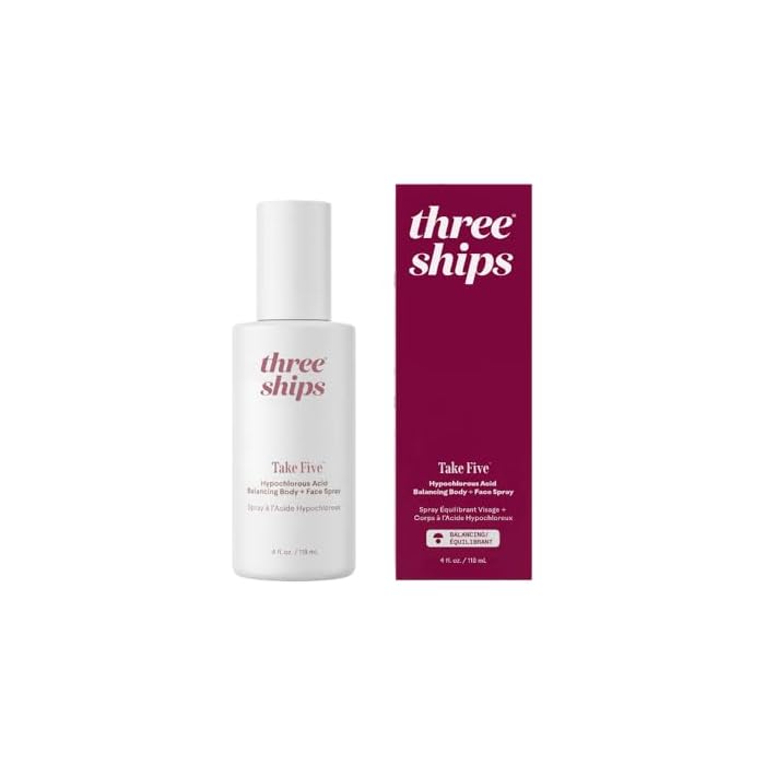 Three Ships - Take Five Hypochlorous Acid Balancing Body + Face Spray Toner | Soothe, Rebalance, Refresh | Cruelty-Free, Vegan, Paraben-Free, Sensitive Skin Safe (4 fl oz | 118 ml)