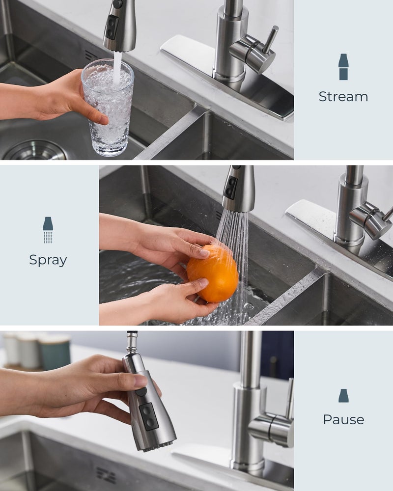 FORIOUS Kitchen Faucets with Soap Dispenser and Pull Down Sprayer, Brushed Nickel, Bar High Arc Single Handle Classic 3 Modes Stainless Steel Faucet for Kitchen Sink Farmhouse RV Laundry Camper - Image 3