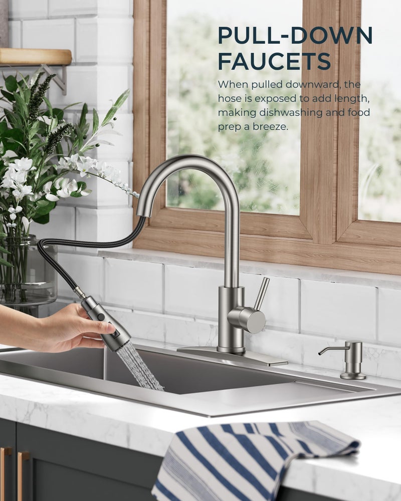 FORIOUS Kitchen Faucets with Soap Dispenser and Pull Down Sprayer, Brushed Nickel, Bar High Arc Single Handle Classic 3 Modes Stainless Steel Faucet for Kitchen Sink Farmhouse RV Laundry Camper - Image 2