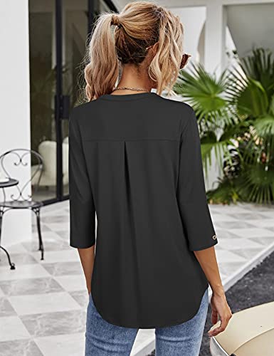 VALOLIA 3/4 Sleeve Shirts for Women, Womens Dress Blouses Business Casual Tops Loose Work Blouses Womens V Neck Blouses Shirts Ladies Elegant Business Casual Tops Work Office Professional Black XXL - Image 3