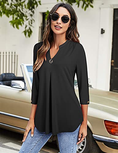 VALOLIA 3/4 Sleeve Shirts for Women, Womens Dress Blouses Business Casual Tops Loose Work Blouses Womens V Neck Blouses Shirts Ladies Elegant Business Casual Tops Work Office Professional Black XXL - Image 2