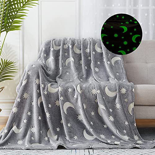 BLiSS HUES Glow in The Dark Blanket Gifts for Toddler Kids Teen Girls| 80 x 70 inch/ 200cm x 180cm |Bedroom Décor, Lightweight Throw Blankets|Soft Cozy Fluffy Luminous Throw Blanket - Grey Moon - Image 1