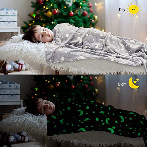 BLiSS HUES Glow in The Dark Blanket Gifts for Toddler Kids Teen Girls| 80 x 70 inch/ 200cm x 180cm |Bedroom Décor, Lightweight Throw Blankets|Soft Cozy Fluffy Luminous Throw Blanket - Grey Moon - Image 3