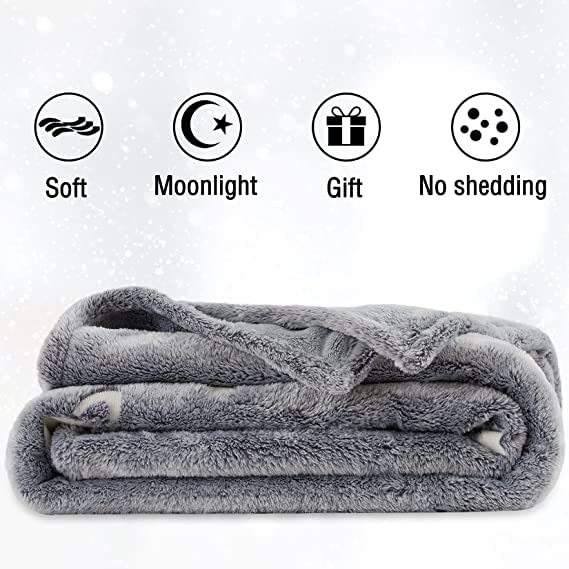 BLiSS HUES Glow in The Dark Blanket Gifts for Toddler Kids Teen Girls| 80 x 70 inch/ 200cm x 180cm |Bedroom Décor, Lightweight Throw Blankets|Soft Cozy Fluffy Luminous Throw Blanket - Grey Moon - Image 4