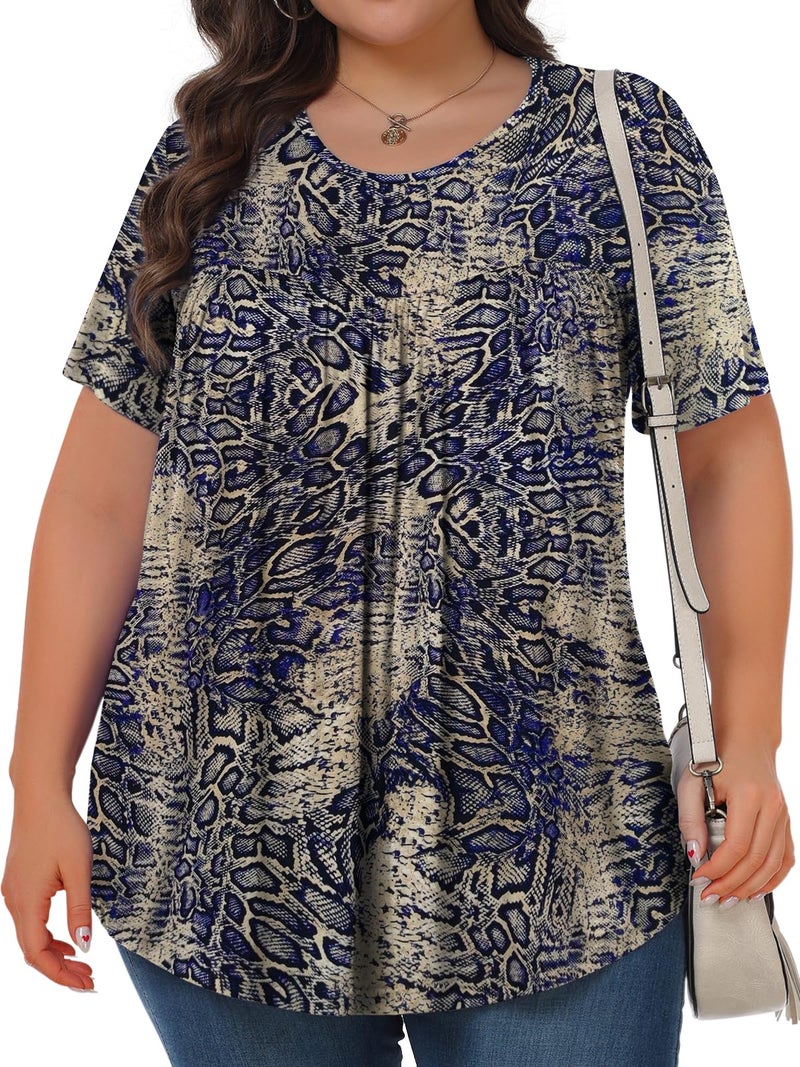 Tencede Womens Plus Size Tops Tunic Short Sleeve Crew Neck Shirts Casual Soft Blouse Blue Snake Skin 3X - Image 2