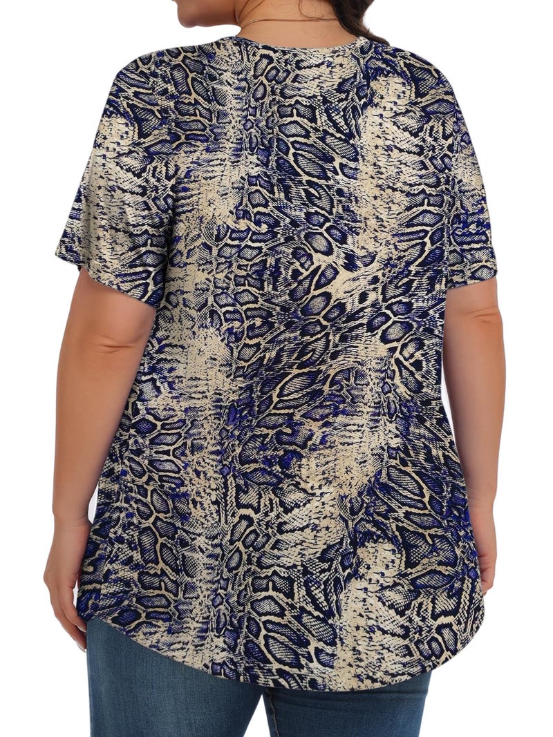 Tencede Womens Plus Size Tops Tunic Short Sleeve Crew Neck Shirts Casual Soft Blouse Blue Snake Skin 3X - Image 4