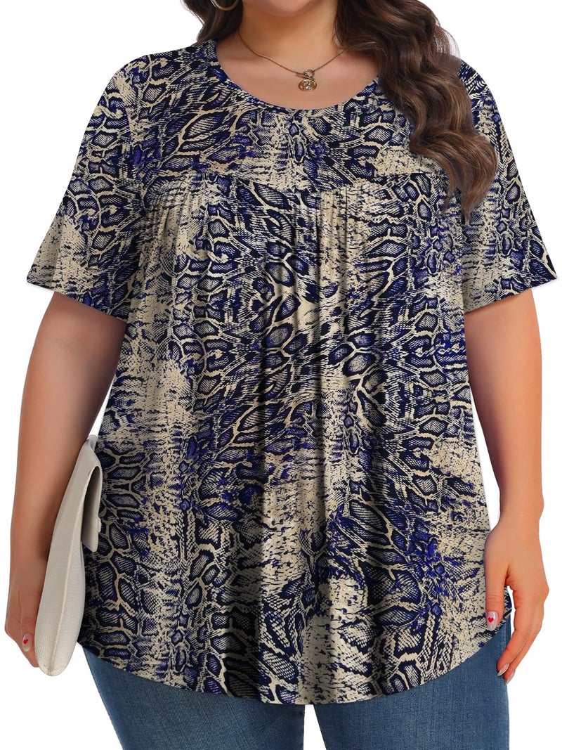 Tencede Womens Plus Size Tops Tunic Short Sleeve Crew Neck Shirts Casual Soft Blouse Blue Snake Skin 3X - Image 3