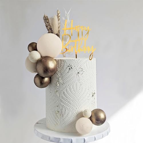 DRWATE Khaki Balls Cake Topper Boho Grass Cake topper Khaki White Gold Pearl Balls Happy Birthday Cake Decorations for Wedding Baby Shower Birthday Boho Themed Party Supplies (Khaki) - Image 5