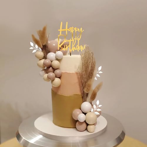DRWATE Khaki Balls Cake Topper Boho Grass Cake topper Khaki White Gold Pearl Balls Happy Birthday Cake Decorations for Wedding Baby Shower Birthday Boho Themed Party Supplies (Khaki) - Image 4